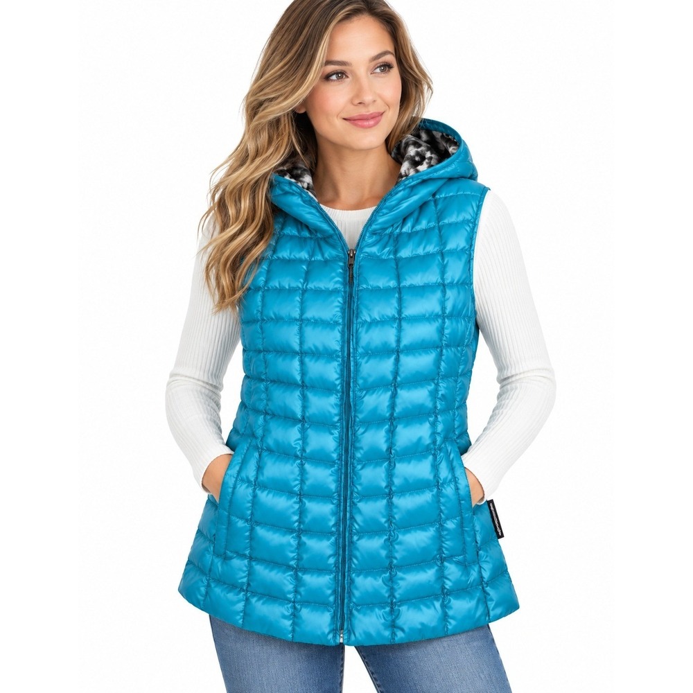 Obermeyer Womens Down Puffer Vest Teal Blue Hooded Leopard Print Lining Size M